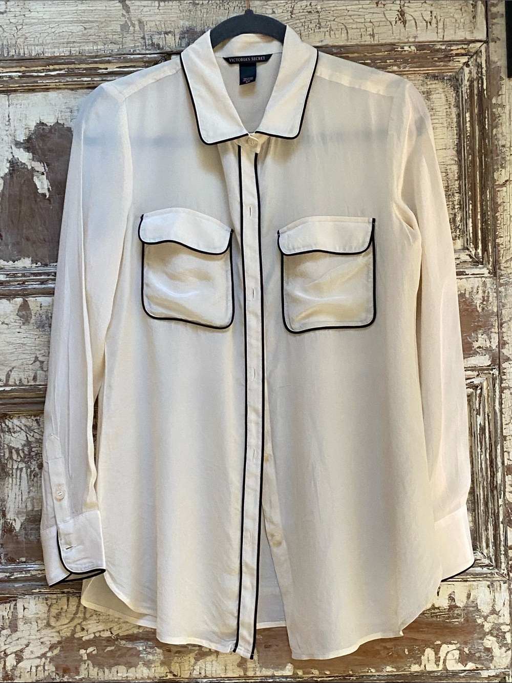 Victoria's Secret 100% Silk Cream Blouse with Black Piping, Size S/P
